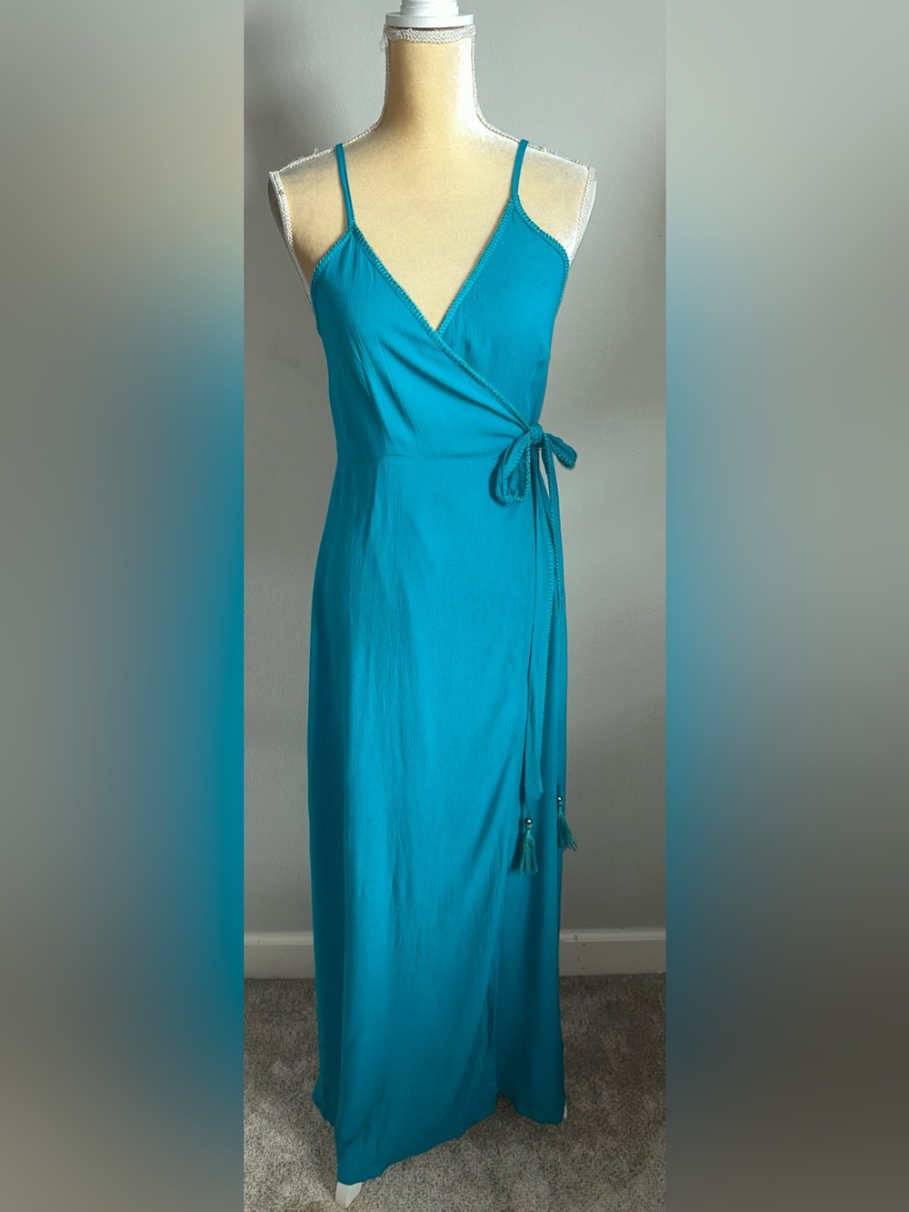 NWT TRINA TURK BRITTANY TASSELED MAXI WRAP DRESS COVER UP BRIGHT TURQUOISE Sz S